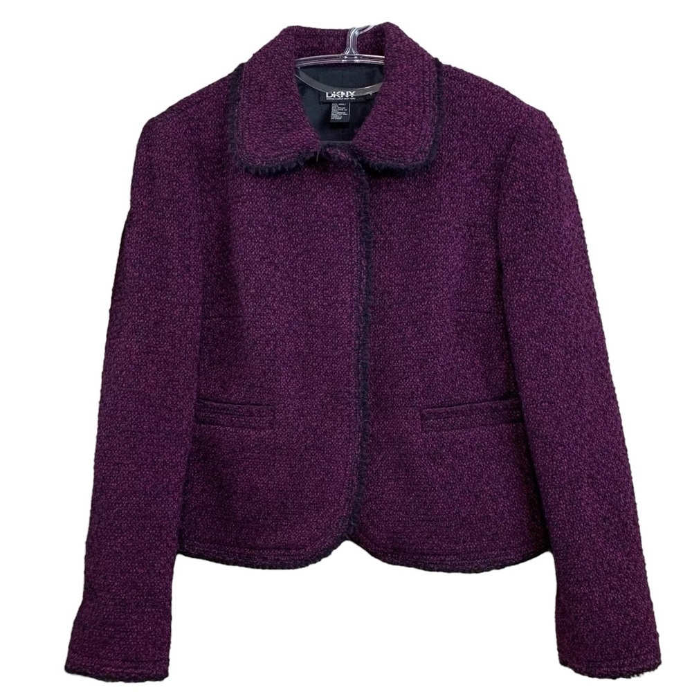 DKNY Donna Karan Wool Tweed Fringe Frayed Trim Blazer Jacket Purple Black Size 6